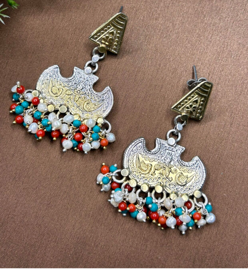 Tribal Dangler Earrings with Carved Motif & Beaded Tassels