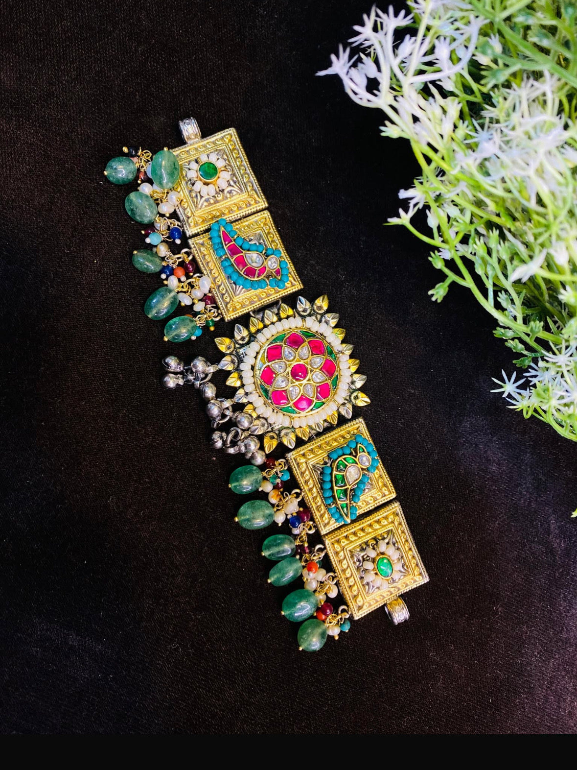 Antique Temple Square Pendant with Multicolor Gem Drops